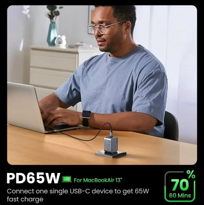 УНИВЕРСАЛНО ЗАРЯДНО УСТРОЙСТВО X755 220V 2xUSB-C 1xUSB A GaN 65W UGREEN - image 4
