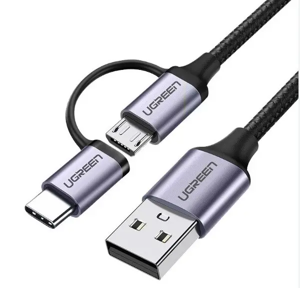 КАБЕЛ 2в1 USB А/USB MICRO+USB-C 3А,1М, UGREEN - ПЛЕТЕН ЧЕРЕН