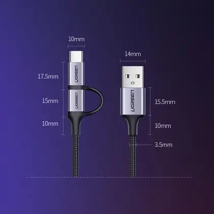 КАБЕЛ 2в1 USB А/USB MICRO+USB-C 3А,1М, UGREEN - ПЛЕТЕН ЧЕРЕН - image 1