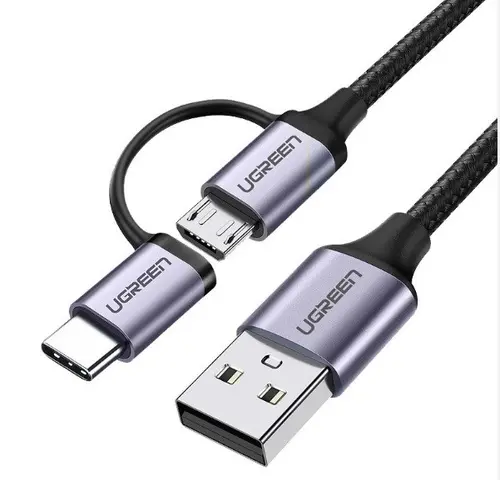 КАБЕЛ 2в1 USB А/USB MICRO+USB-C 3А,1М, UGREEN - ПЛЕТЕН ЧЕРЕН