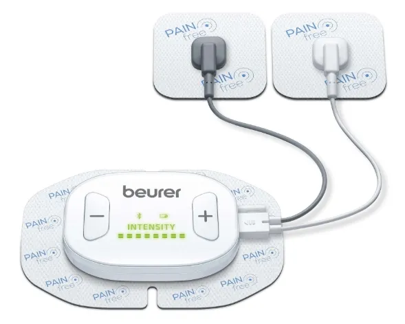 Масажор, Beurer EM 70 BT, Wireless TENS/EMS device for pain therapy, muscle stimulation, relaxation and massage, remote control unit, electrode expansion,4 self-adhesive electrodes, 19 pre-programmed applications, Countdown timer, Includes rechargeable battery,