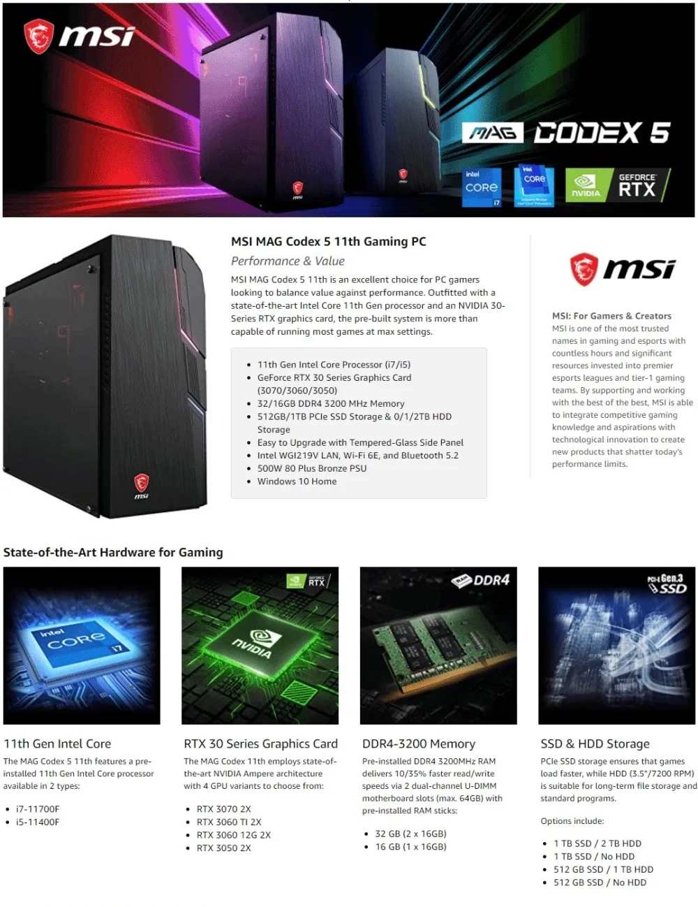 Настолен компютър, MSI MAG CODEX 5 11TC-460EU, Nvidia RTX 3060 12G 2X, i5-11400F (6C/12T, up to 4.40 GHz, 12 MB), Fan Cooler, 16GB U-DIMM DDR4 3200 (16Gx1), 512G PCIE SSD, WIFI 6E, Windows 10 Home, 500W ATX, 2 Year Warranty - image 6
