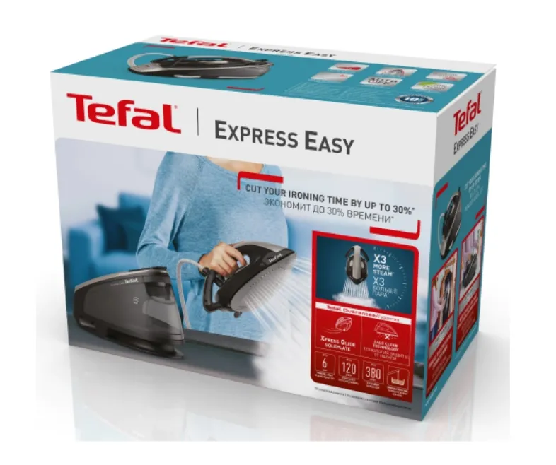 Парогенератор, Tefal SV6140E0, Express Easy, black, 2200W, non boiler, heat up 2min, manual setting, pump 6bars, shot 120g/min, steam boost 380g/min, Ceramic Express Gliding soleplate, removable water tank 1,7L, auto off, eco, lock system, Calc Clear tech (no cartdrige - image 4