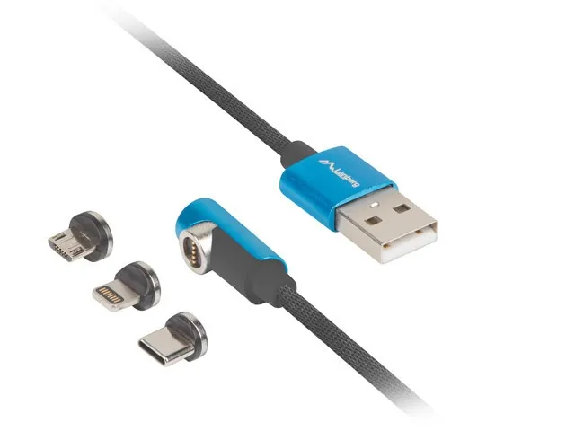 Кабел, Lanberg 3in1 USB-A (M) -> USB MICRO(M) + LIGHTNING (M) + USB-C (M) 2.0 1m, angled QC 3.0 magnetic, black-blue