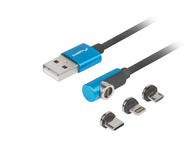 Кабел, Lanberg 3in1 USB-A (M) -> USB MICRO(M) + LIGHTNING (M) + USB-C (M) 2.0 1m, angled QC 3.0 magnetic, black-blue - image 1