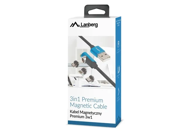 Кабел, Lanberg 3in1 USB-A (M) -> USB MICRO(M) + LIGHTNING (M) + USB-C (M) 2.0 1m, angled QC 3.0 magnetic, black-blue - image 3