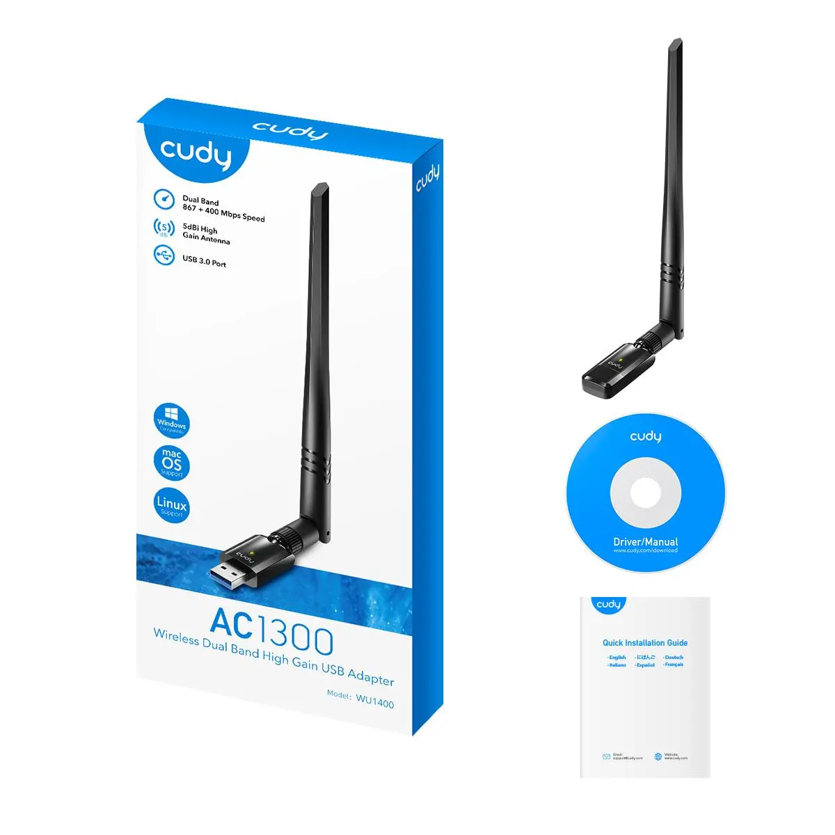 Безжичен адаптер Cudy WU1400, USB 3.0, 2.4/5 Ghz, Външна антена  - image 3