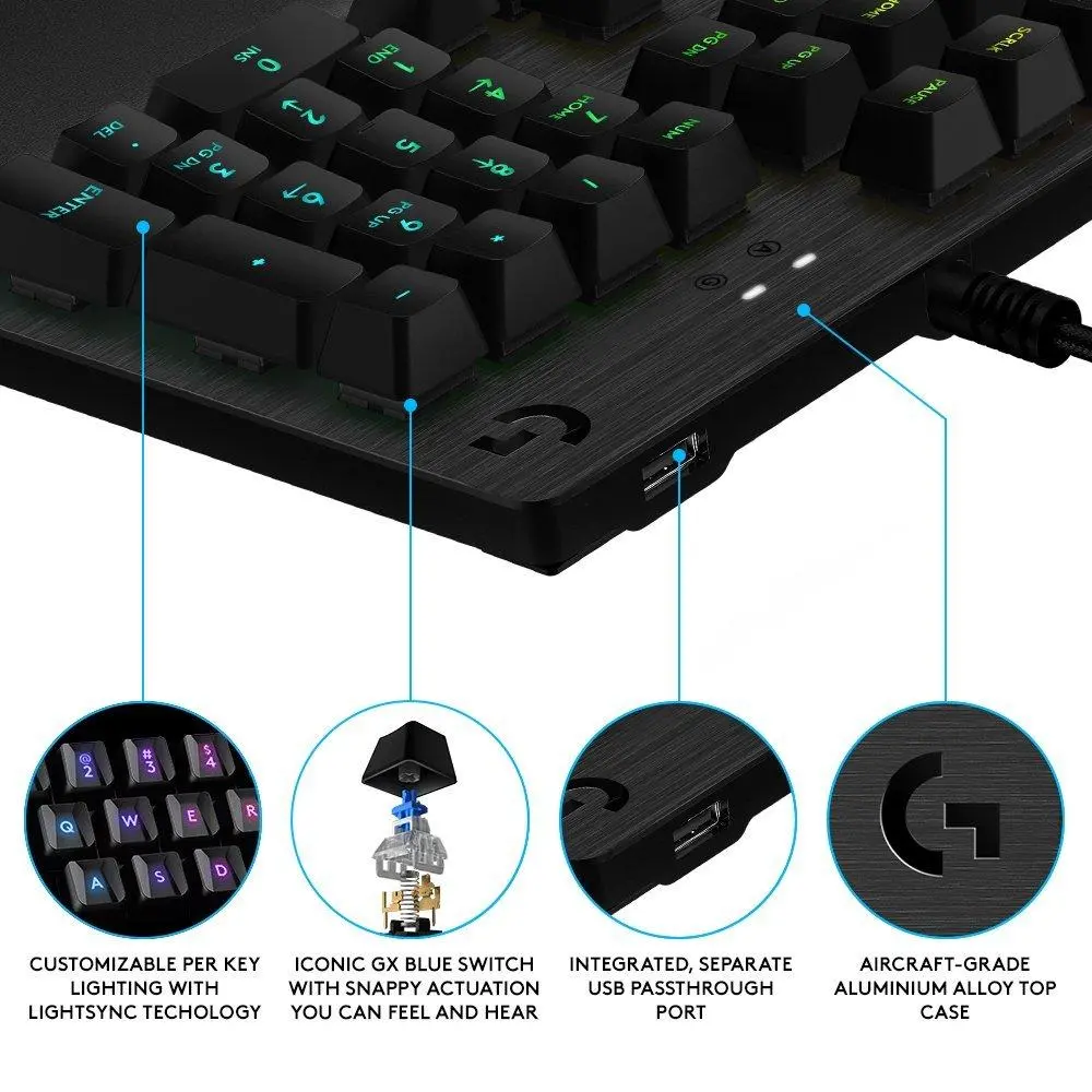 Клавиатура, Logitech G513 Keyboard, GX Blue Clicky, Lightsync RGB, USB Passthrough Data/Power, Alumium Alloy, Game Mode, Memory Foam Palmrest, Gaming Keycaps, Keycap Puller, Black Carbon - image 1