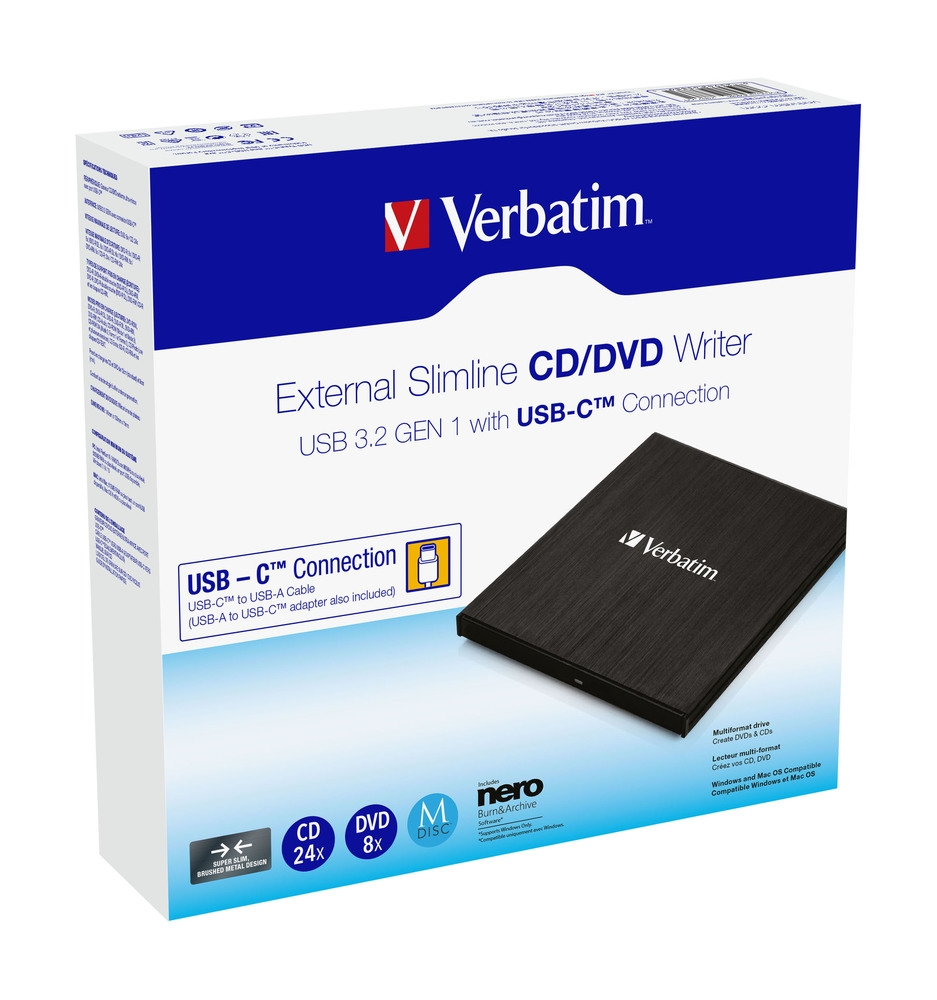 Оптично устройство, Verbatim External Slimline CD/DVD Writer USB 3.2 Gen 1/USB-C - image 2