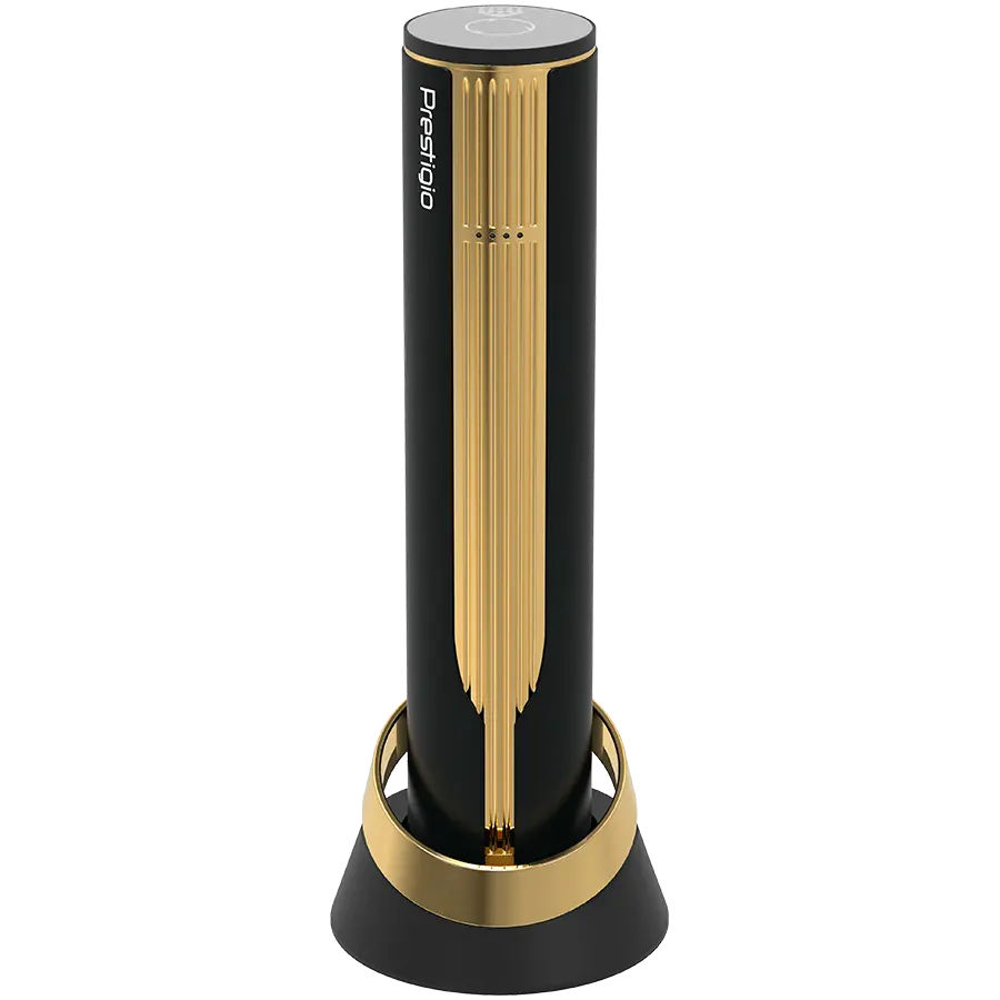 Prestigio Maggiore, smart wine opener, 100% automatic, opens up to 70 bottles without recharging, foil cutter included, premium design, 480mAh battery, Dimensions D 48*H228mm, black + gold color.