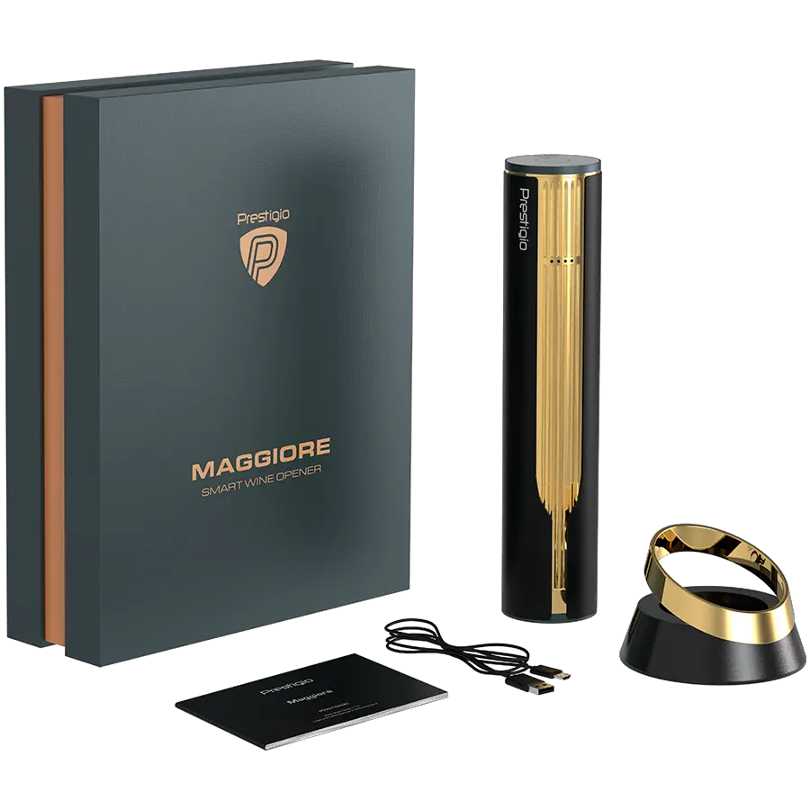 Prestigio Maggiore, smart wine opener, 100% automatic, opens up to 70 bottles without recharging, foil cutter included, premium design, 480mAh battery, Dimensions D 48*H228mm, black + gold color. - image 12