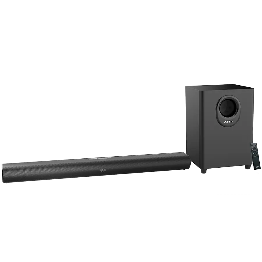 F&D HT-330 2.1 TV Soundbar with Wired Subwoofer, 80W RMS (20Wx2+40W), Full-range speaker: 50x90mm + 6.5'' Subwoofer, BT 5.0/Optical/AUX/HDMI/USB/LED Display/Remote Control/Wooden/Black