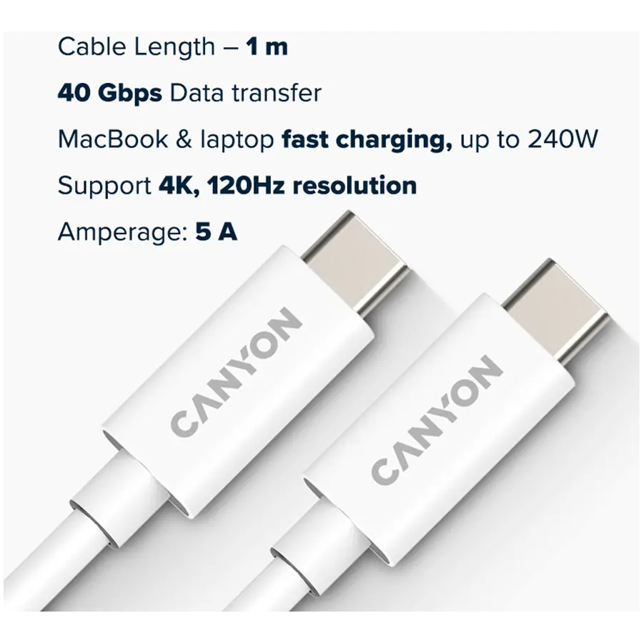 CANYON cable UC-44 USB-C to USB-C 240W 40Gbps 4k 1m White - image 2