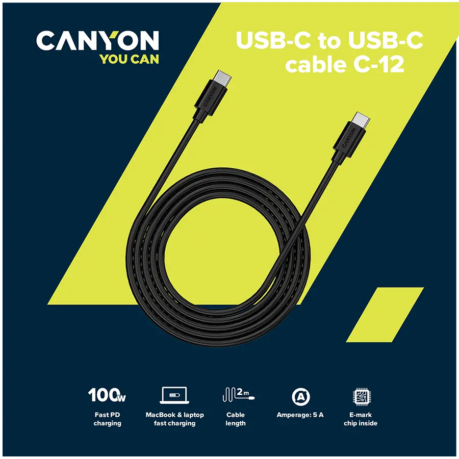 CANYON cable C-12 USB-C to USB-C 100W 2m Black - image 1