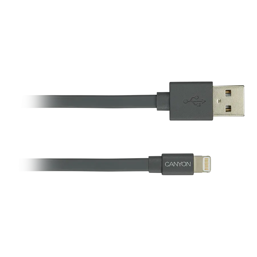 CANYON Charge & Sync MFI flat cable, USB to lightning, certified by Apple, 1m, 0.28mm, Dark gray - image 1