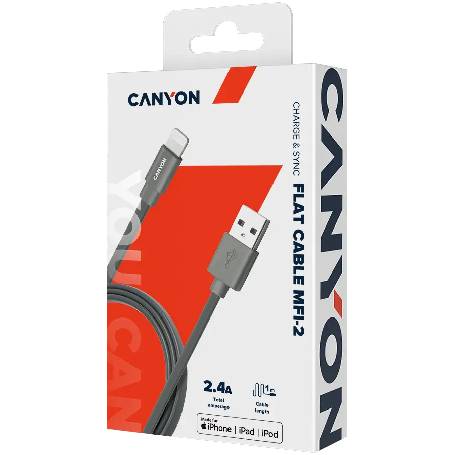 CANYON Charge & Sync MFI flat cable, USB to lightning, certified by Apple, 1m, 0.28mm, Dark gray - image 2