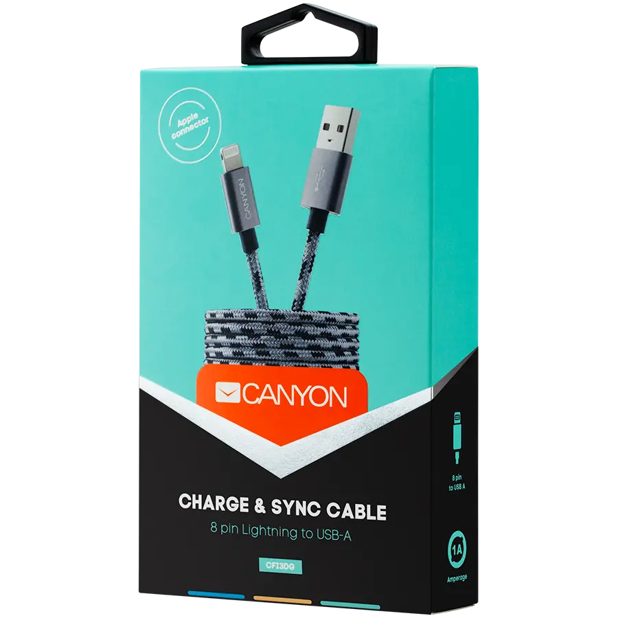 CANYON Lightning USB Cable for Apple, braided, metallic shell, 1M, Dark gray - image 1