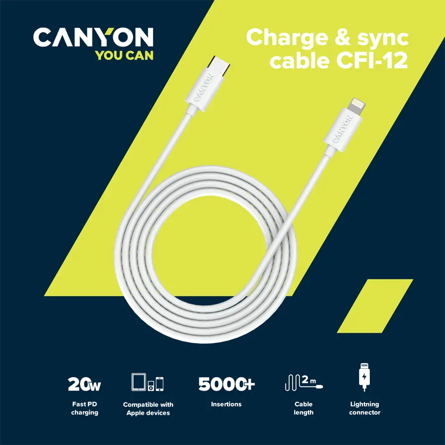 CANYON cable CFI-12 USB-C to Lightning 20W 2m White - image 2