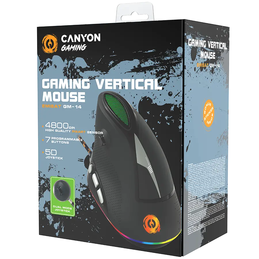 CANYON Emisat GM-14, Wired Vertical Gaming Mouse with 7 programmable buttons, Pixart optical sensor, 6 levels of DPI and up to 4800, 2 million times key life, 1.65m Braided USB cable,rubber coating surface and colorful RGB lights, size:106*72*84mm, 1 - image 5