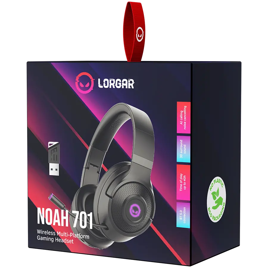 LORGAR Noah 701, gaming headset with microphone, 2.4GHz USB dongle + BT 5.1 Realtek 8763, battery 1000mAh, type-C charging cable 0.8m, audio cable 1.5m, size:195*185*80mm, 0.28kg. Black - image 4