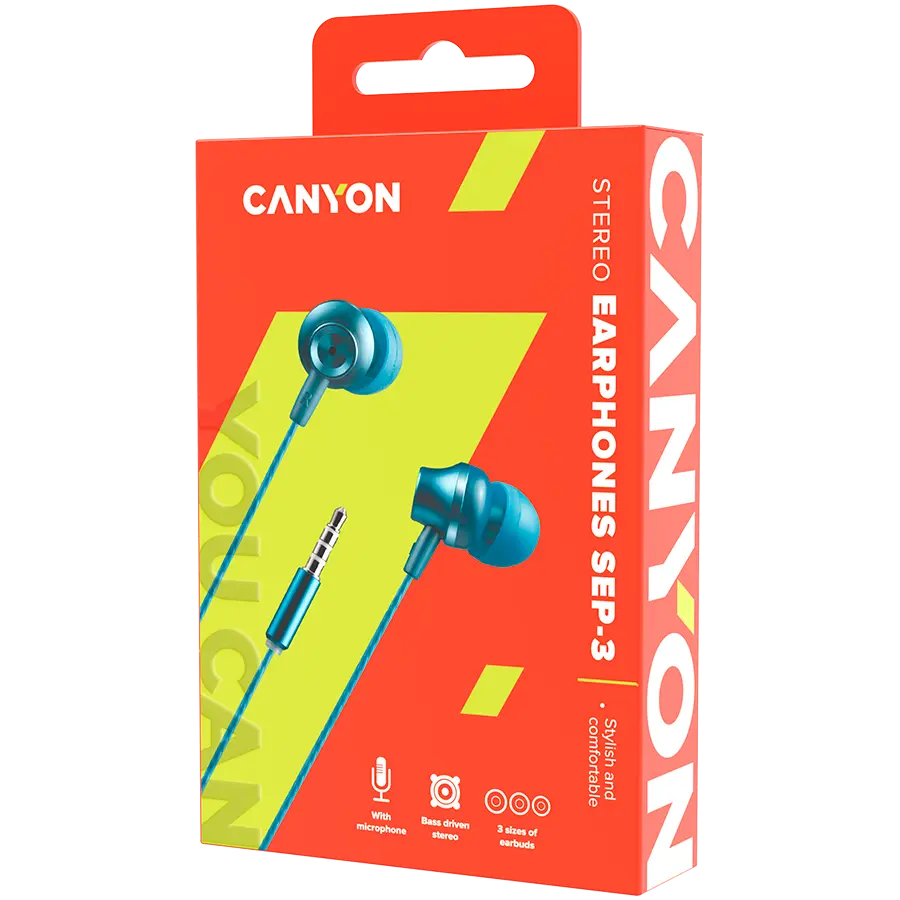 CANYON Stereo earphones with microphone, metallic shell, 1.2M, blue-green - image 2