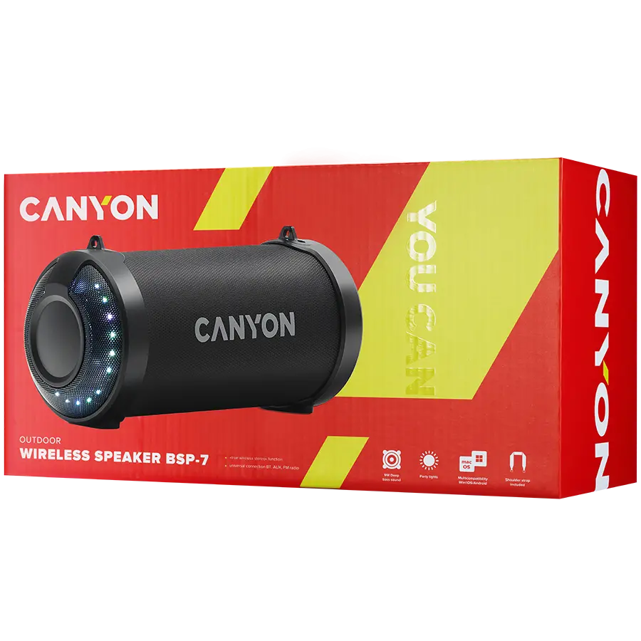 CANYON BSP-7, Bluetooth Speaker, BT V5.0, Jieli JLAC6925B, 3.5mm AUX, 1*USB-A port, micro-USB port, 1500mAh lithium ion  battery, Black, cable length 0.6m, 278*117 *128mm, 0.941kg - image 2