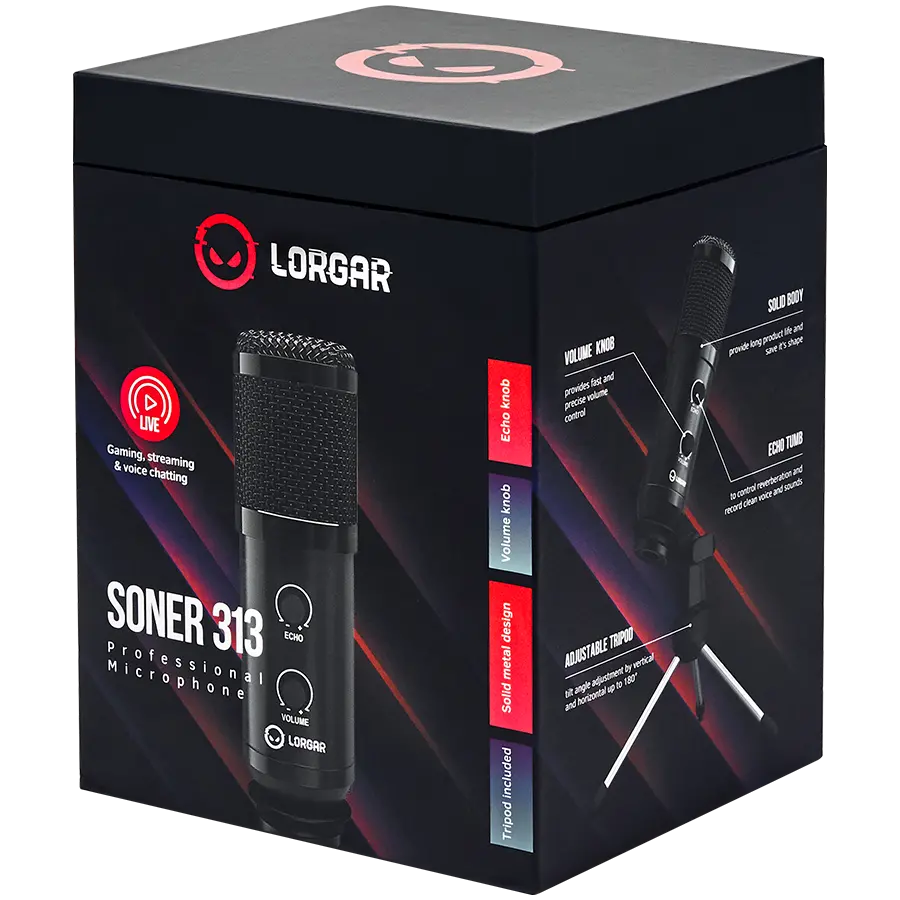 LORGAR Soner 313, Gaming Microphone, USB condenser microphone with Volume Knob & Echo Knob, Frequency Response: 80 Hz—17 kHz, including 1x Microphone, 1 x 2.5M USB Cable, 1 x Tripod Stand, dimensions: Ø47.4*158.2*48.1mm, weight: 243.0g, Black - image 7