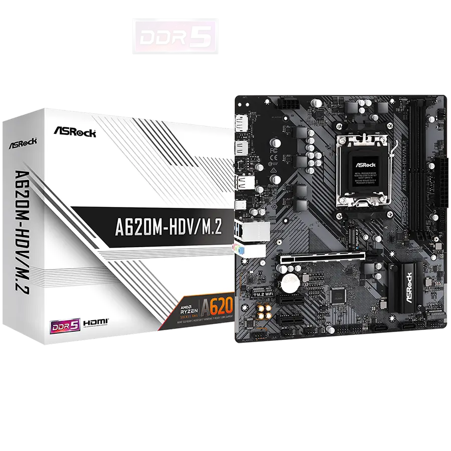 ASROCK MB Desktop A620M-HDV/M2, AM5, 2x DDR5, 1x PCIe 4.0 x16, 2x PCIe 3.0 x1, 1x Hyper M.2(PCIe Gen4x4), 2x SATA3 6.0 Gb/s, 1x HDMI, 1x DisplayPort, 1x Gbit LAN, 5x USB 3.2, 6x USB 2.0, 1x USB-C, Micro ATX