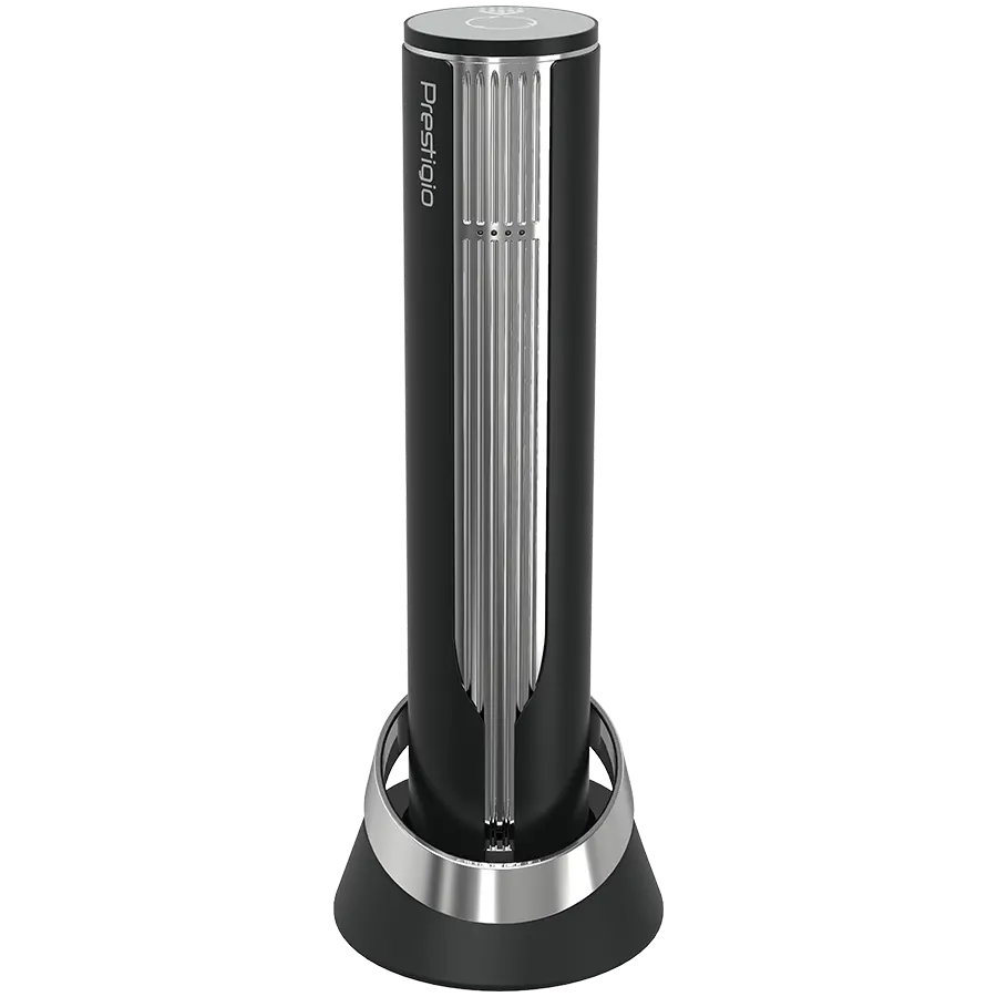 Prestigio Maggiore, smart wine opener, 100% automatic, opens up to 70 bottles without recharging, foil cutter included, premium design, 480mAh battery, Dimensions D 48*H228mm, black + silver color.