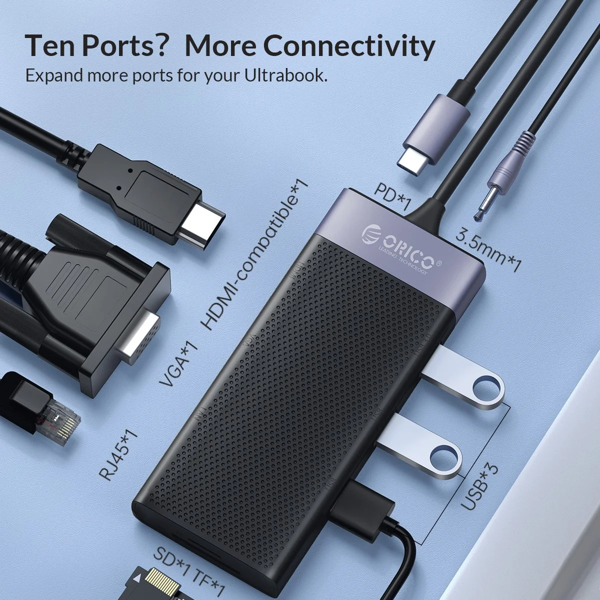 Orico докинг станция Type-C Docking Station Power Distribution 3.0 87W - HDMI, Type-C x 1, USB3.0 x 1, USB 2.0 x 2, LAN, SD, VGA, Audio - MDK-10P-BK - image 6