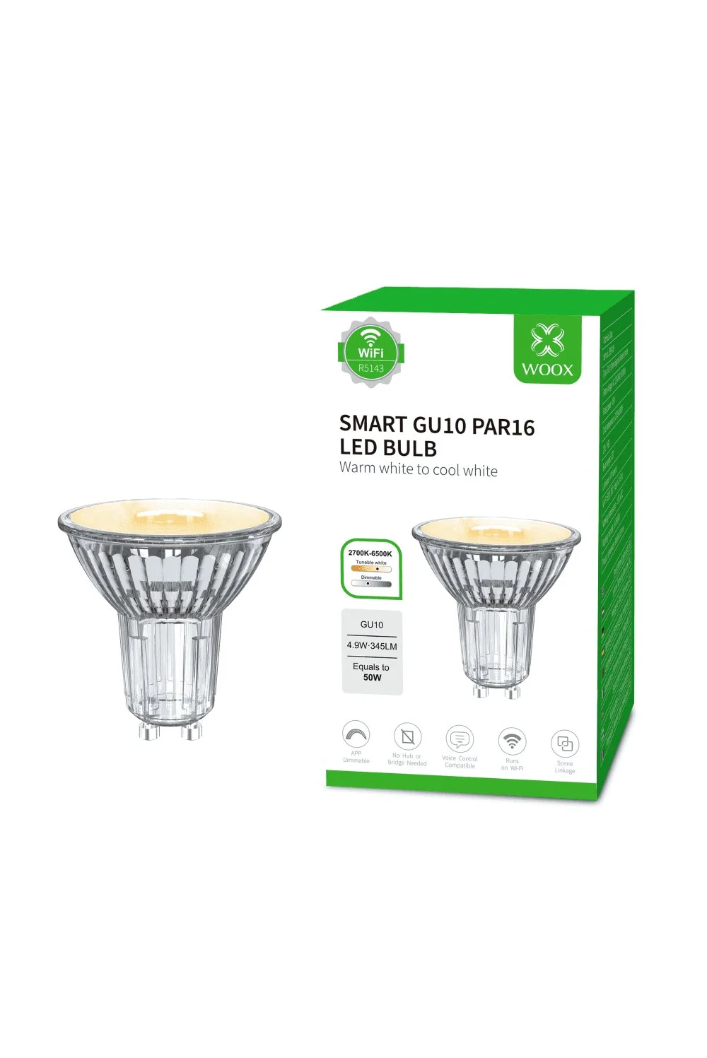 Woox смарт крушка Light - R5143 - WiFi Smart GU10 LED Clear Spot Bulb, 4.9W/50W, 345lm, Warm and Cool white - image 5