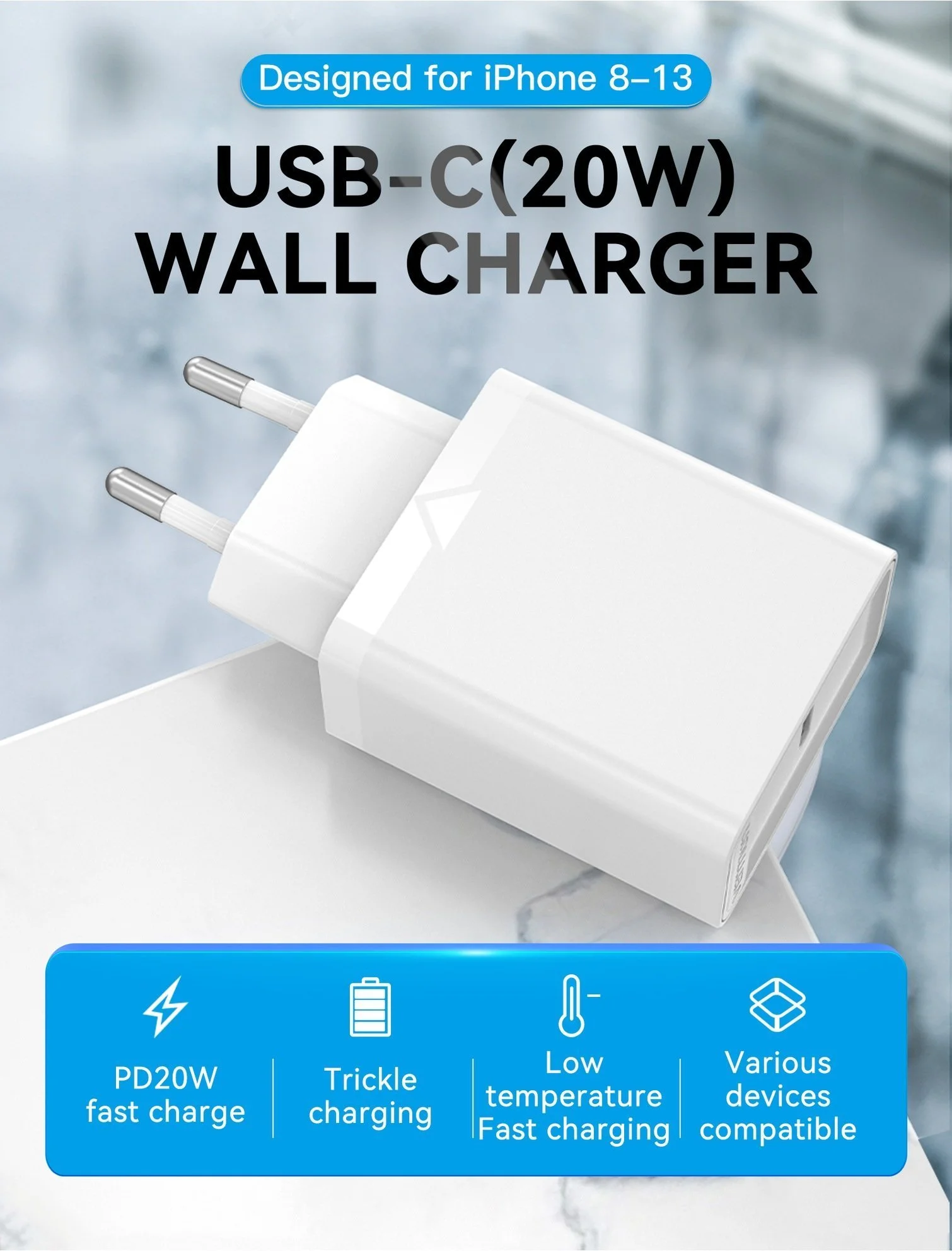 Vention бързо зарядно Fast Charger Wall - QC4.0, PD3.0 Type-C, 20W White - FADW0 - image 3