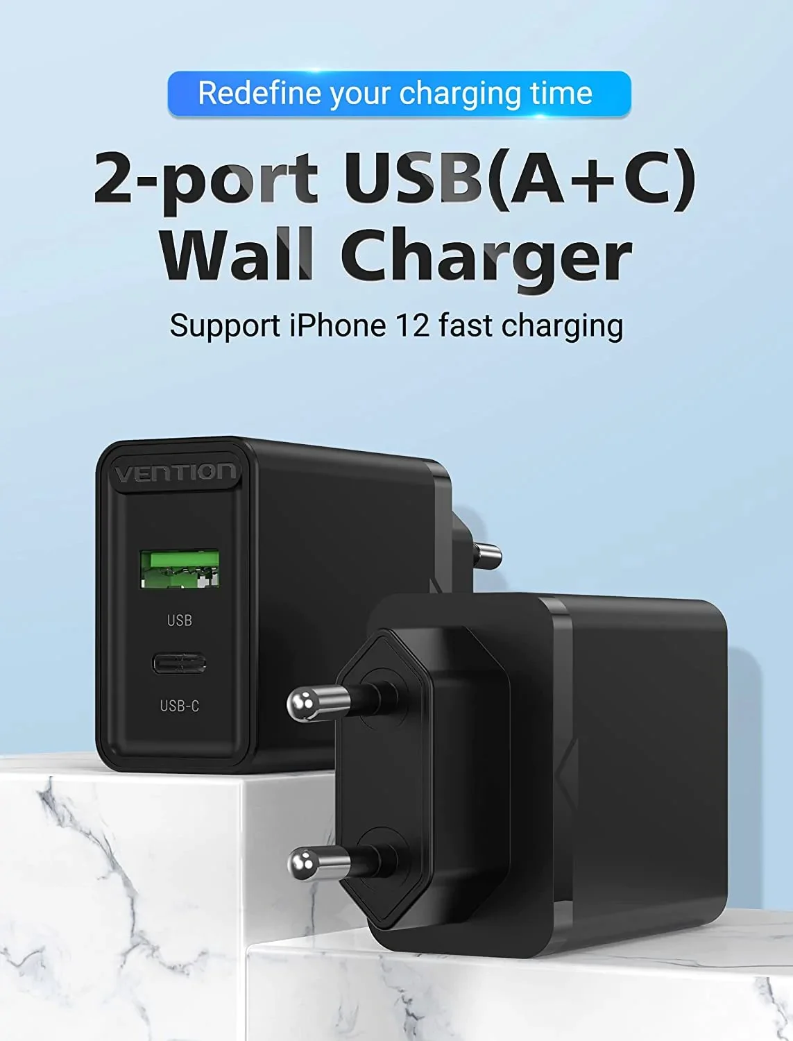 Vention бързо зарядно Fast Charger Wall - QC4.0, PD Type-C + QC3.0 USB A, 20W Black - FBBB0 - image 1