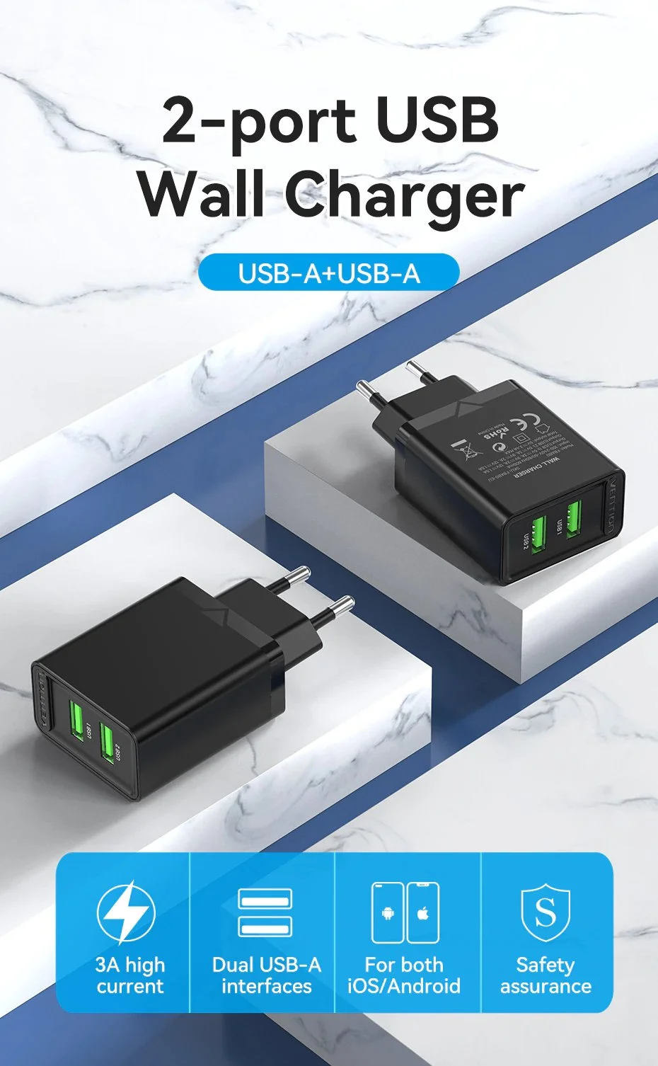 Vention бързо зарядно Fast Charger 2 x QC3.0 18W Black - FBAB0 - image 4