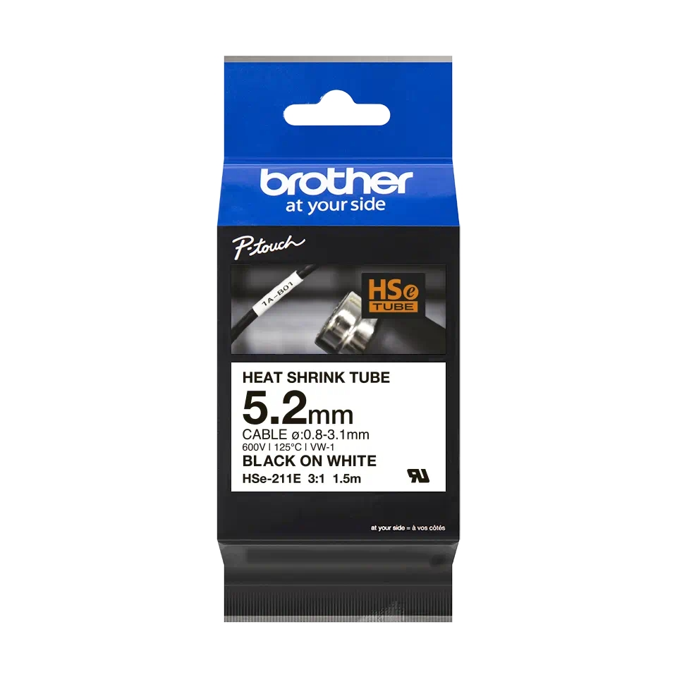 Консуматив, Brother HSe-211E 5.2mm Black on White Heat Shrink Tape