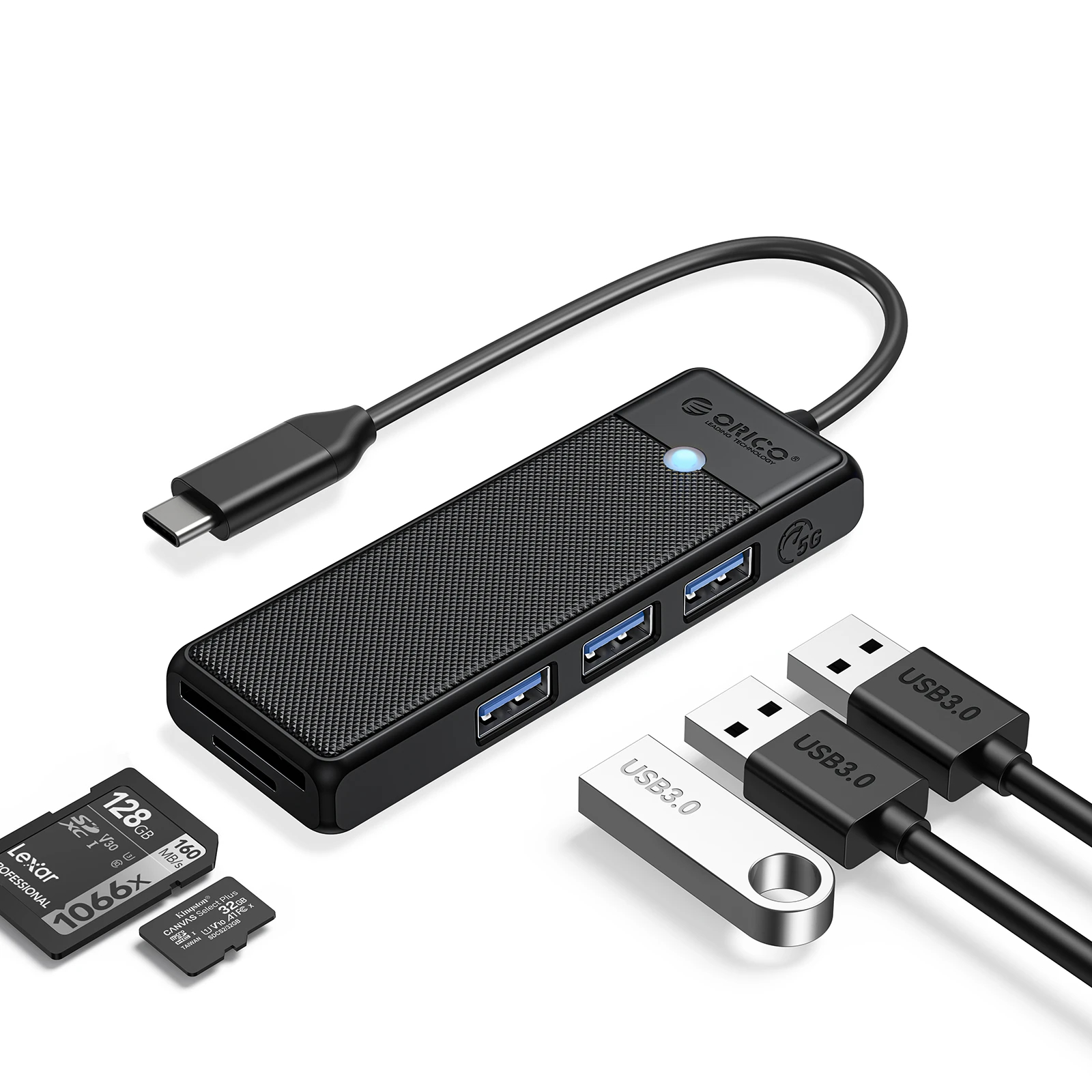 Orico хъб USB3.1 HUB Type-C - 3 x USB3.0, SD, TF - PAPW3AT-C3-015-BK