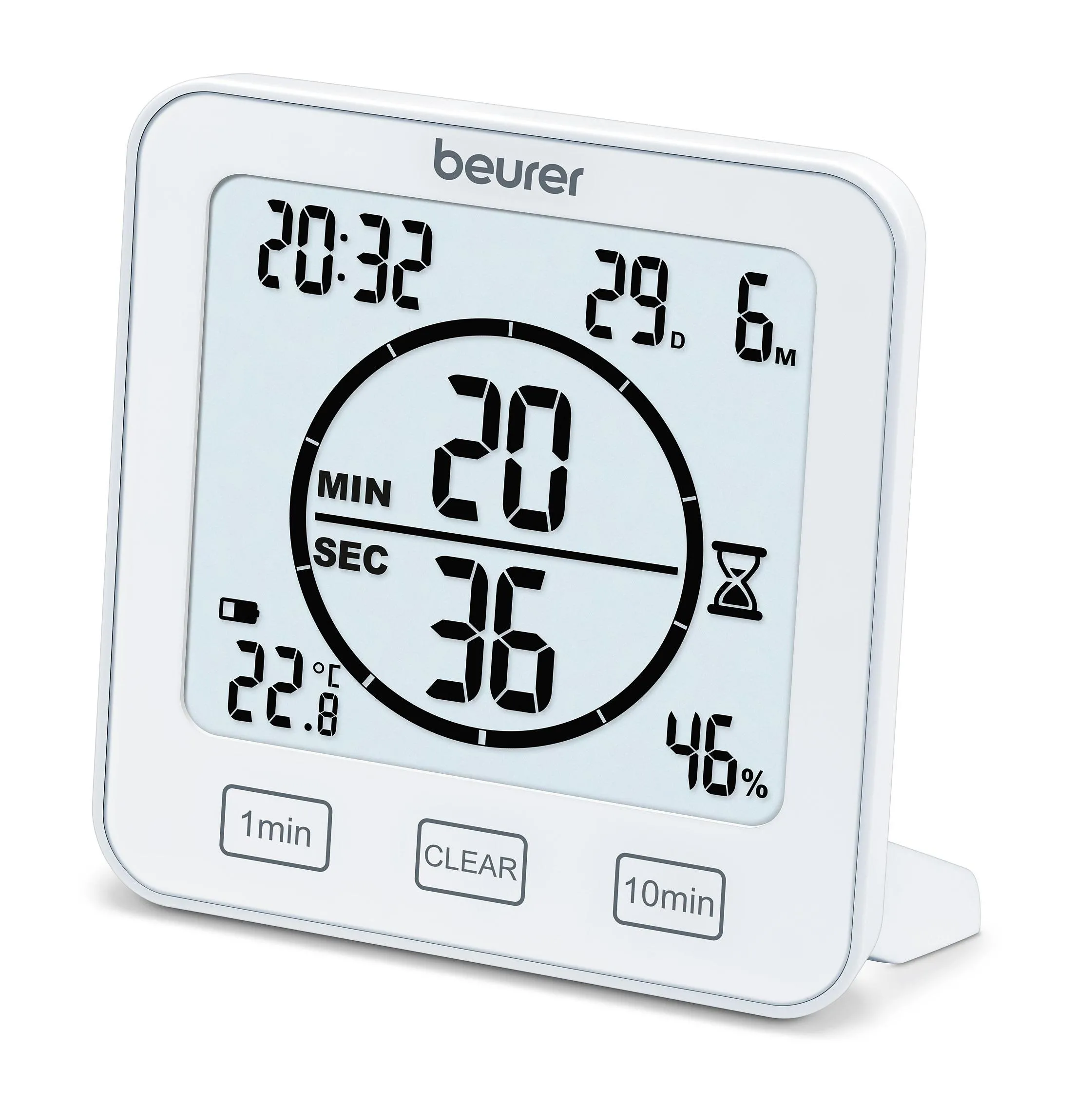 Хигрометър, Beurer HM 22 thermo hygrometer; displays temperature, relative humidity, date and time; timer function; sensor buttons - image 1