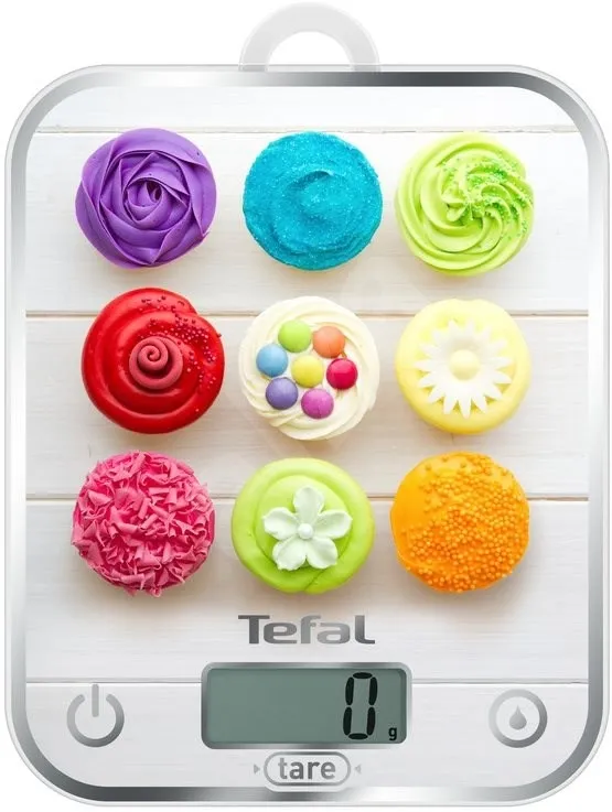 Везна, Tefal BC5122V1 Optiss Delicious Cupcakes, ultra slim glass, 5 kg / 1g/ml graduation, tara, liquid function, 2 batteries LR03 AAA included, new markings on product - image 2