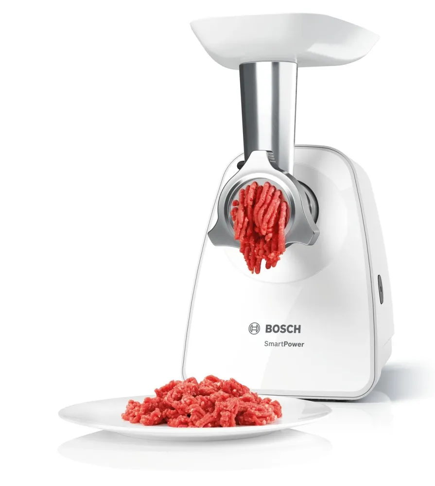 Месомелачка, Bosch MFW2520W, Meat mincer SmartPower; 350W - 1500W; Discs: 3.8/ 8 mm; Sausage attachment; Attachment for kibbutz / meatballs; Out: 1.7kg/min; White