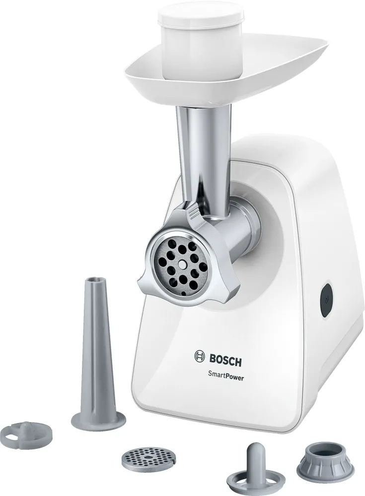 Месомелачка, Bosch MFW2520W, Meat mincer SmartPower; 350W - 1500W; Discs: 3.8/ 8 mm; Sausage attachment; Attachment for kibbutz / meatballs; Out: 1.7kg/min; White - image 1