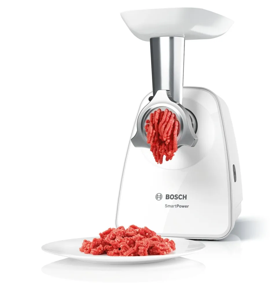 Месомелачка, Bosch MFW2517W Meat mincer SmartPower; 350W - 1500W; Discs: 3.8/ 8 mm, Sausage attachment; Shredding nozzle, 3 tanks; Fruit pressing attachment; Out: 1.7kg/min; White