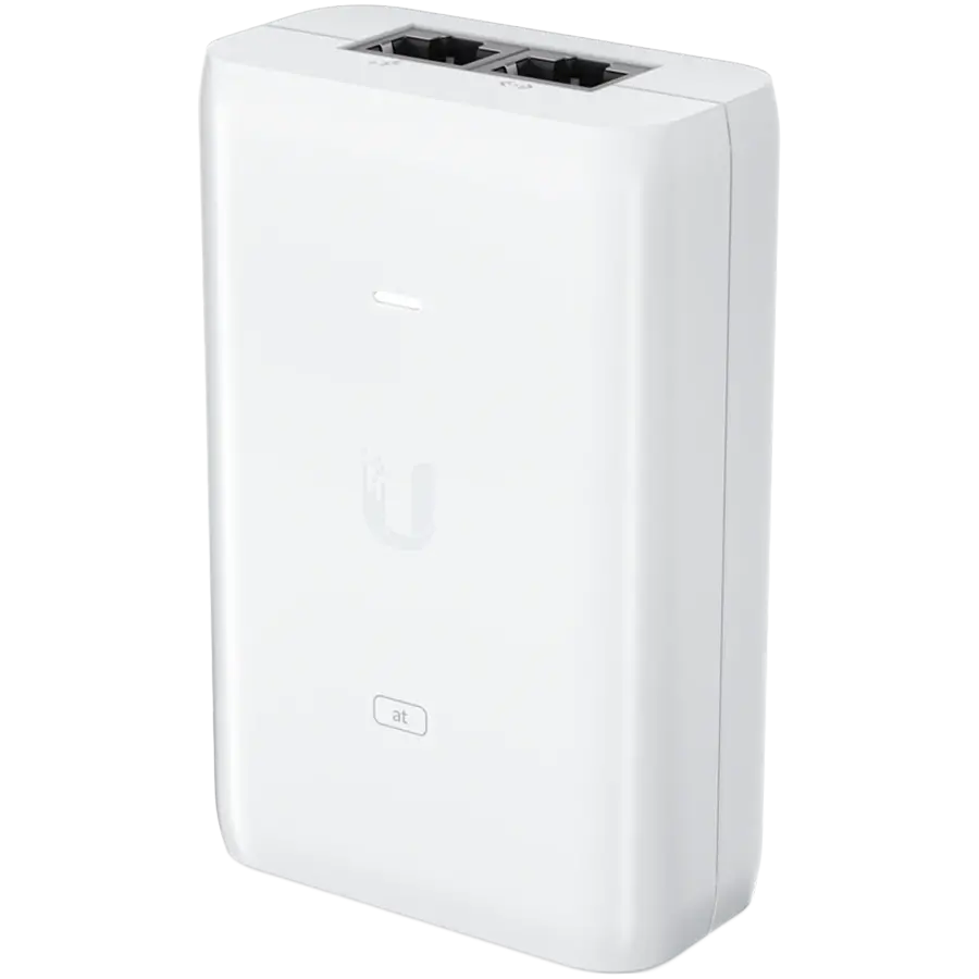 UBIQUITI PoE+ Adapter; Delivers up to 30W of PoE+; Additional power drives devices such as U6 LR, U6 Enterprise, Camera DSLR, and other PoE+ devices; Surge, peak pulse, and overcurrent protection; Contains RJ45 data input, AC cable with earth ground, and PoE+ output; LED indicator for status monitoring.