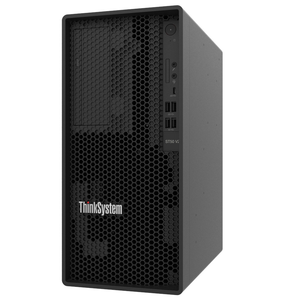 Сървър, Lenovo ThinkSystem ST50 V2, Xeon E-2324G  (4C 3.1GHz 8MB Cache/65W), SW RAID, 2x960GB Micron 5400 Pro SSD, 1x16GB, 500W 94% Efficiency, No DVD, 3 year