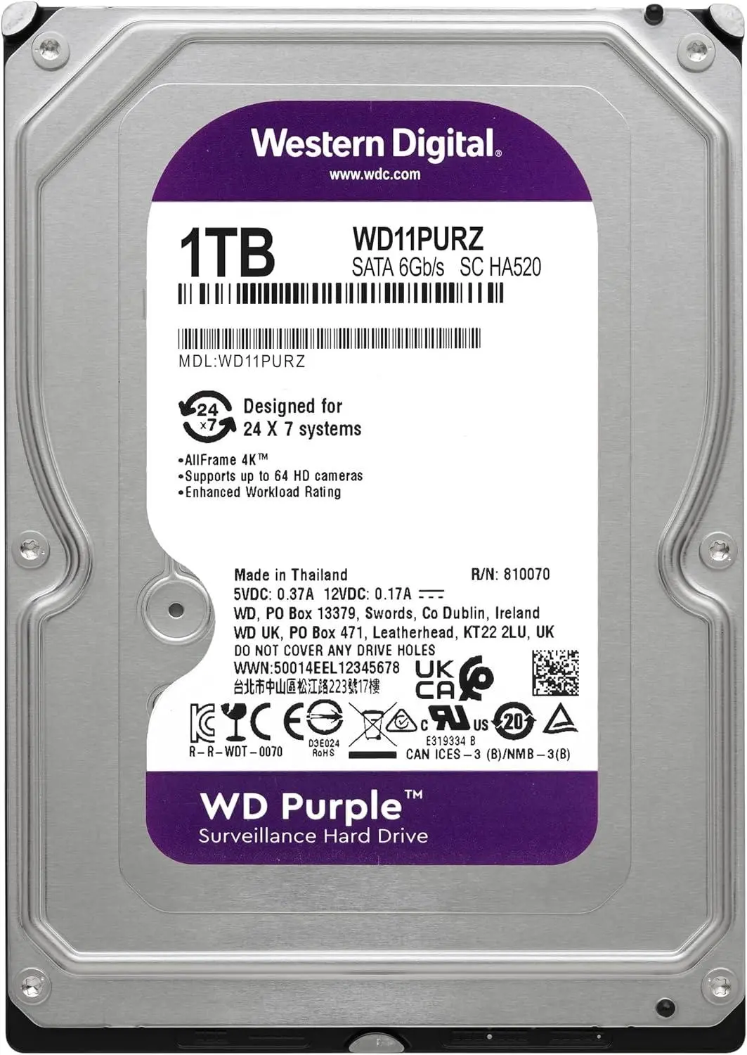 Твърд диск, Western Digital Purple 1TB ( 3.5'', 64MB, 5400 RPM, SATA 6Gb/s ) - image 1