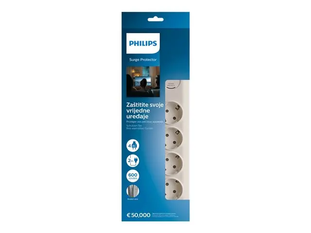 PHILIPS Surge protector 4 outlets 600J of surge protection 3680W 16A Automatic safety shutter