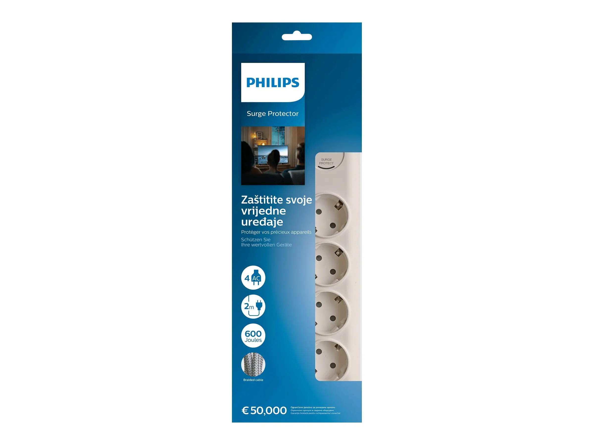 PHILIPS Surge protector 4 outlets 600J of surge protection 3680W 16A Automatic safety shutter - image 1