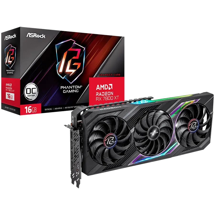 Asrock Video Card AMD Radeon RX7800XT Phantom Gaming 16GB OC, GDDR6, 256-bit, 3x DisplayPort™ 2.1, 1x HDMI™ 2.1, 2x 8-pin Power Connectors, Recommended PSU 800W