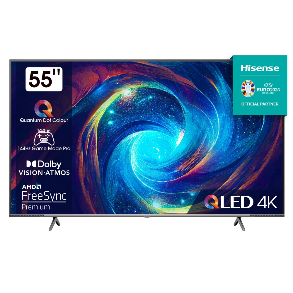 Телевизор, Hisense 55" E7KQ Pro, 4K Ultra HD 3840x2160, QLED, Quantum Dot, 120Hz, HDR 10+ adaptive, HLG, Dolby Vision, DTS Virtual X, Smart TV, WiFi 5GHz, WiFi Direct, BT, Anyview Cast, 3xHDMI, 2xUSB, LAN, CI+, DVB-T2/C/S2, Black