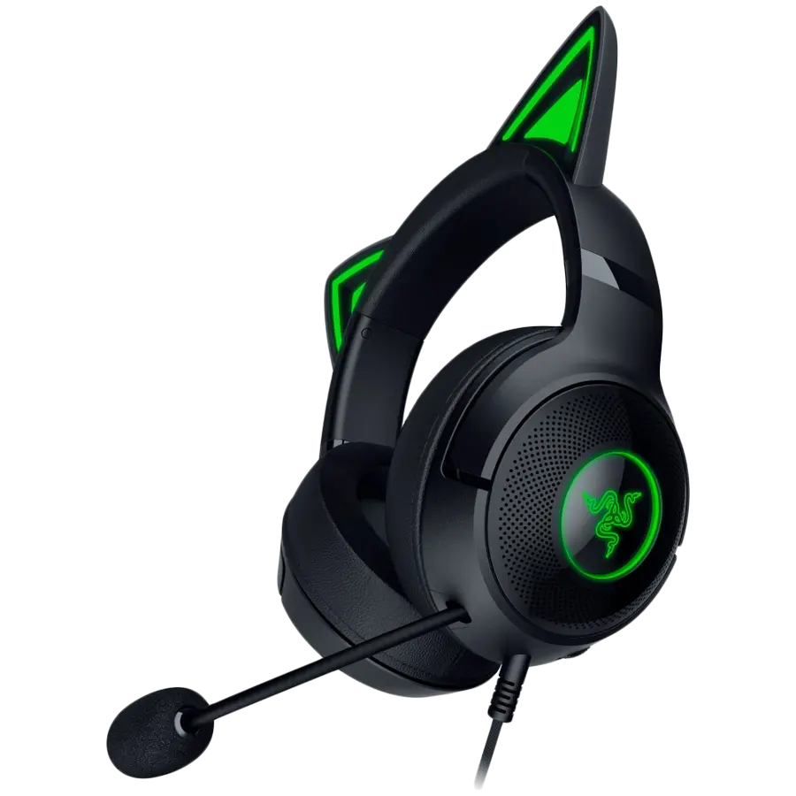 Kraken Kitty V2 - Black, Gaming headset, Kitty Ears, Stream Reactive Lighting, HyperClear Cardioid Mic, 40 mm TriForce Drivers, Built into the earcups microphone, Razer Chroma RGB (Ear and Earcups), Surround sound: Only available on Windows 10 64-bit