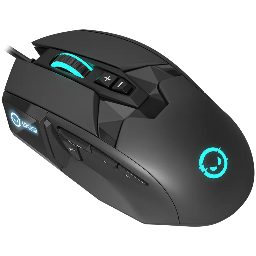 LORGAR Stricter 579, gaming mouse, 9 programmable buttons, Pixart PMW3336 sensor, DPI up to 12 000, 50 million clicks buttons lifespan, 2 switches, built-in display, 1.8m USB soft silicone cable, Matt UV coating with glossy parts and RGB lights with 4 LED flowing modes, size: 131*72*41mm, 0.127kg, black - image 1